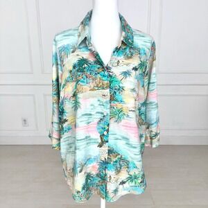 C&C California Womens 1X Tropical Linen Blend Button Down Shirt 3/4 Sleeve Blue